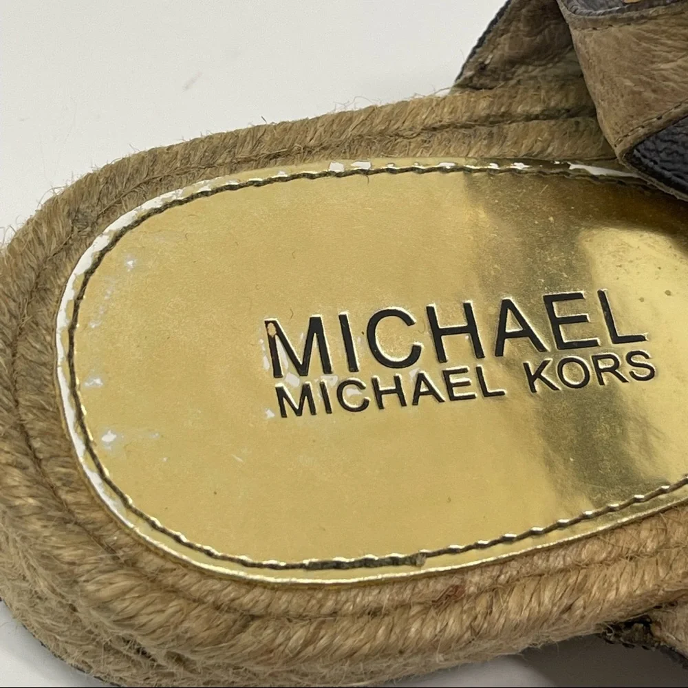 Michael Kors Espadrille Thongs Sandals Gold Brown Bow Flat Sandal Boho Vacation